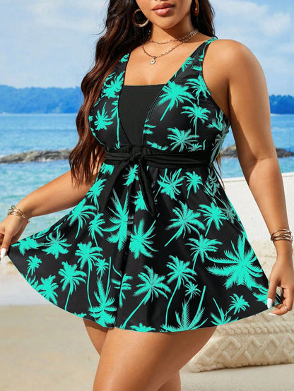 Swim Lushoire Plus Size Women 2pcs/Set Random Print Waist-Cinched Skirt-Style Modest Swimsuit Set, Slimming And Fashionable For Beach Vacation For Summer