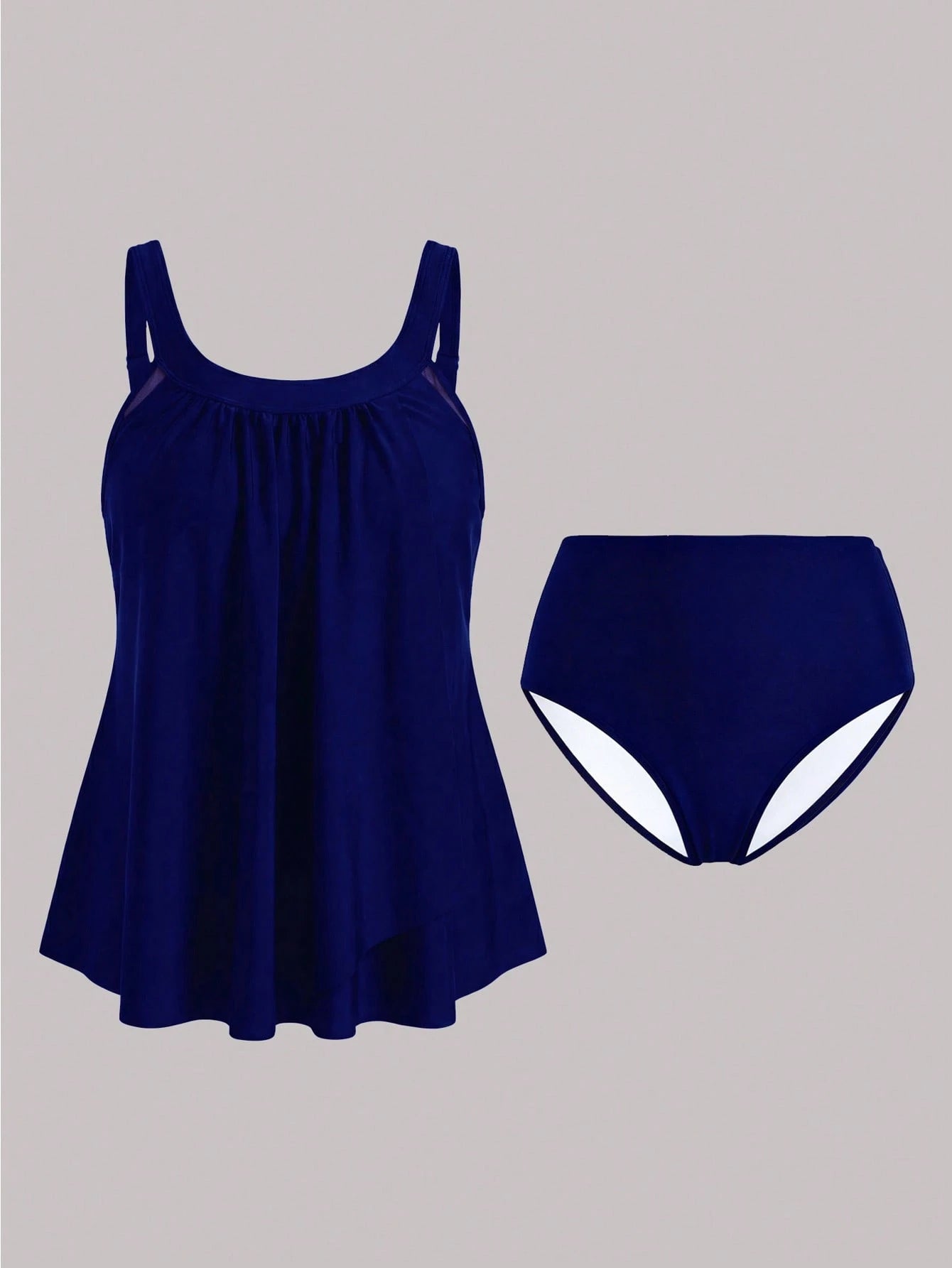 Swim Lushoire Plus Size Women 2pcs Solid Color Mesh Patchwork Tummy Control Casual Vacation Tankini Swimwear
