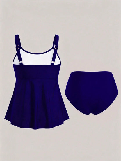 Swim Lushoire Plus Size Women 2pcs Solid Color Mesh Patchwork Tummy Control Casual Vacation Tankini Swimwear