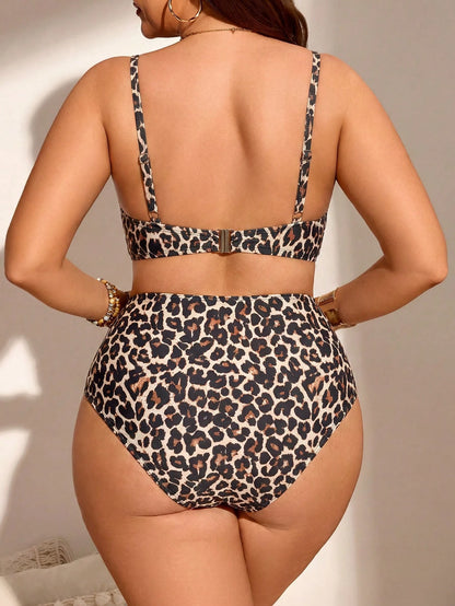 Swim Lushoire Plus Size Women 2pcs Spaghetti Strap Leopard Print Padded Fashionable Minimalist Bikini Swimwear Set