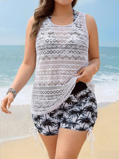 Swim Lushoire Plus Size Women 3pcs Swimwear Set, Coconut Tree Print Halter Top, Shorts, Hollow Lace Cover Up, Suitable For Beach Vacation, Pool, Sports White Summer