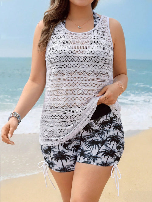 Swim Lushoire Plus Size Women 3pcs Swimwear Set, Coconut Tree Print Halter Top, Shorts, Hollow Lace Cover Up, Suitable For Beach Vacation, Pool, Sports White Summer