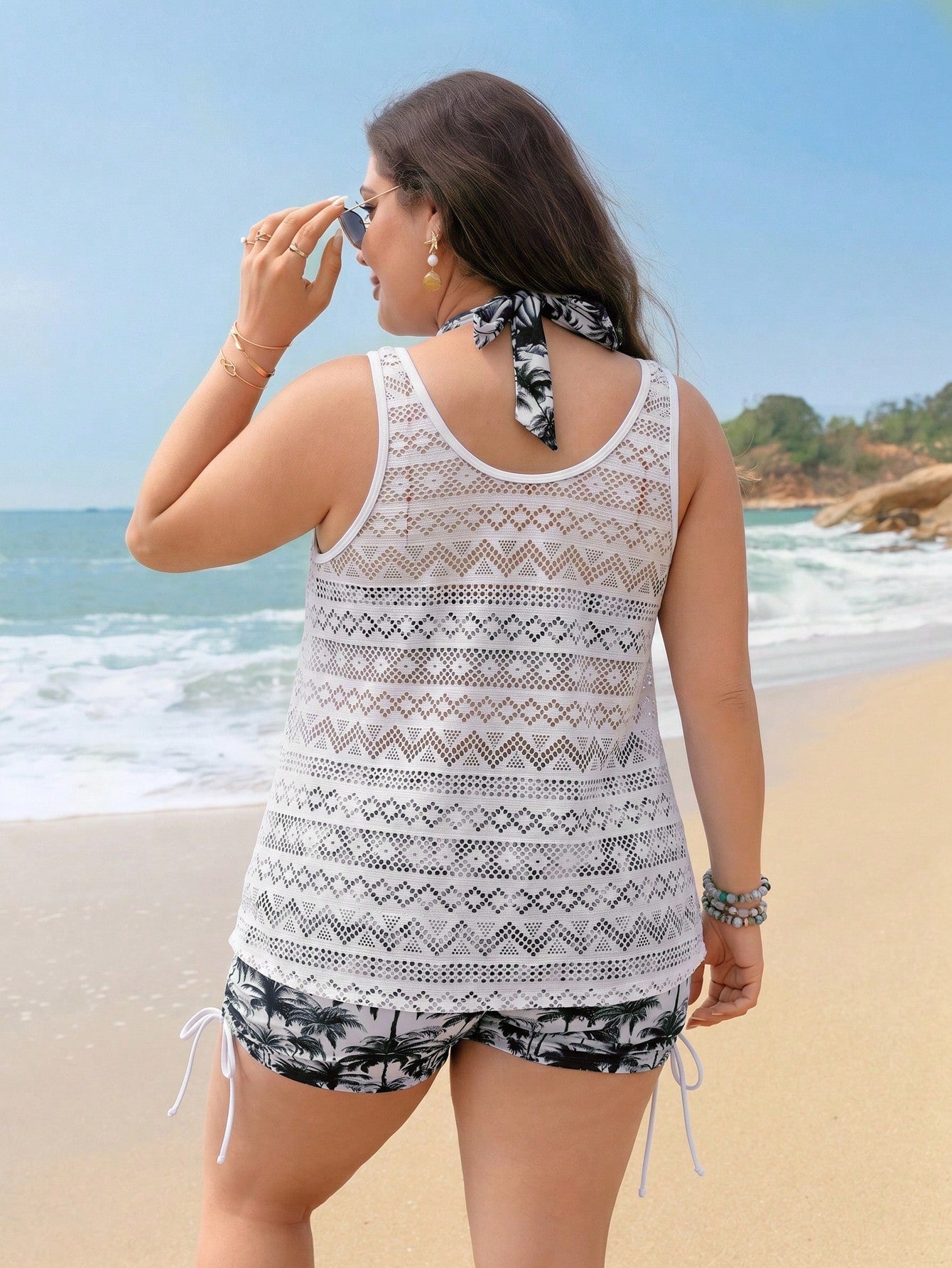 Swim Lushoire Plus Size Women 3pcs Swimwear Set, Coconut Tree Print Halter Top, Shorts, Hollow Lace Cover Up, Suitable For Beach Vacation, Pool, Sports White Summer