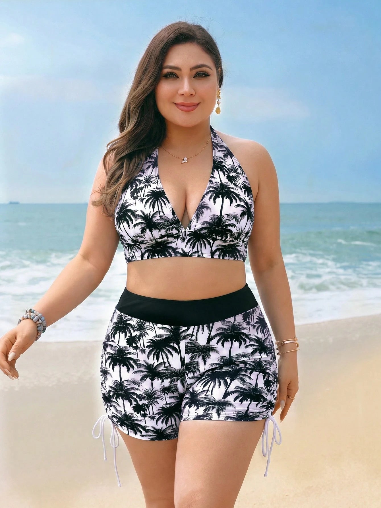 Swim Lushoire Plus Size Women 3pcs Swimwear Set, Coconut Tree Print Halter Top, Shorts, Hollow Lace Cover Up, Suitable For Beach Vacation, Pool, Sports White Summer