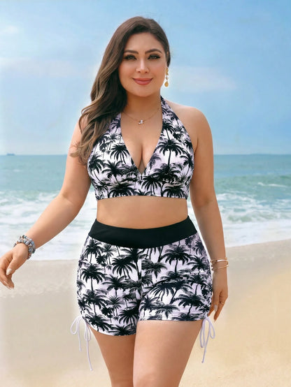 Swim Lushoire Plus Size Women 3pcs Swimwear Set, Coconut Tree Print Halter Top, Shorts, Hollow Lace Cover Up, Suitable For Beach Vacation, Pool, Sports White Summer