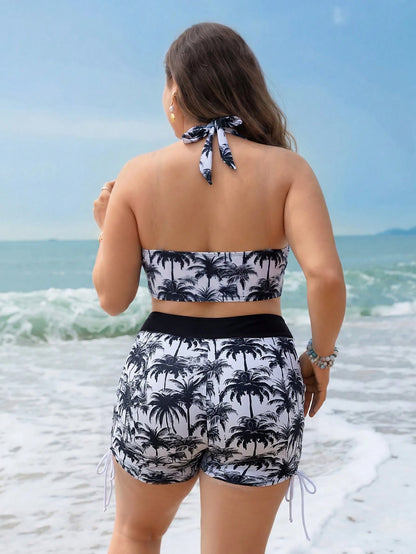 Swim Lushoire Plus Size Women 3pcs Swimwear Set, Coconut Tree Print Halter Top, Shorts, Hollow Lace Cover Up, Suitable For Beach Vacation, Pool, Sports White Summer