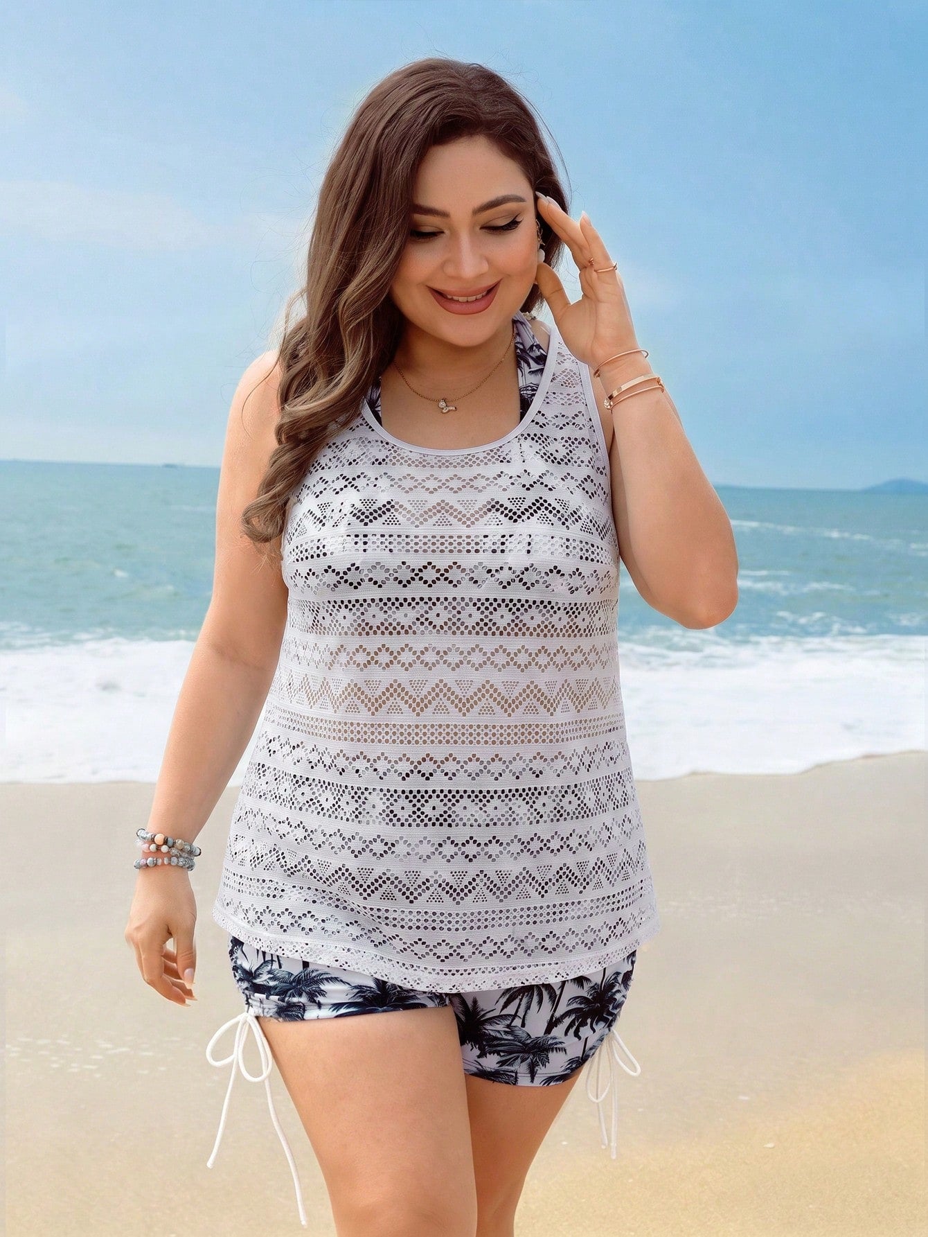 Swim Lushoire Plus Size Women 3pcs Swimwear Set, Coconut Tree Print Halter Top, Shorts, Hollow Lace Cover Up, Suitable For Beach Vacation, Pool, Sports White Summer