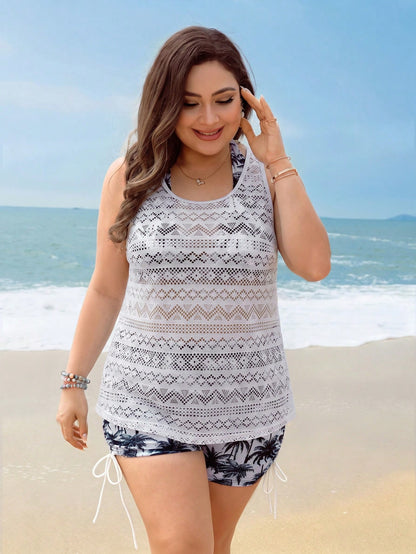 Swim Lushoire Plus Size Women 3pcs Swimwear Set, Coconut Tree Print Halter Top, Shorts, Hollow Lace Cover Up, Suitable For Beach Vacation, Pool, Sports White Summer