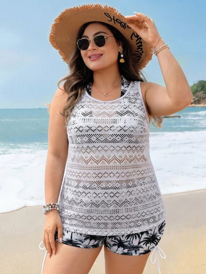 Swim Lushoire Plus Size Women 3pcs Swimwear Set, Coconut Tree Print Halter Top, Shorts, Hollow Lace Cover Up, Suitable For Beach Vacation, Pool, Sports White Summer
