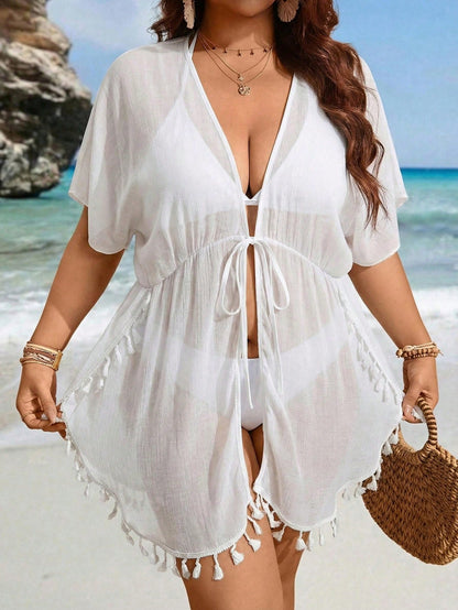 Swim Lushoire Plus Size Women Kimono Robe, Lightweight, Slit, Fringe Trim, Loose Fit, Tie Waist, Black, Mature, Vacation, Beach Wear