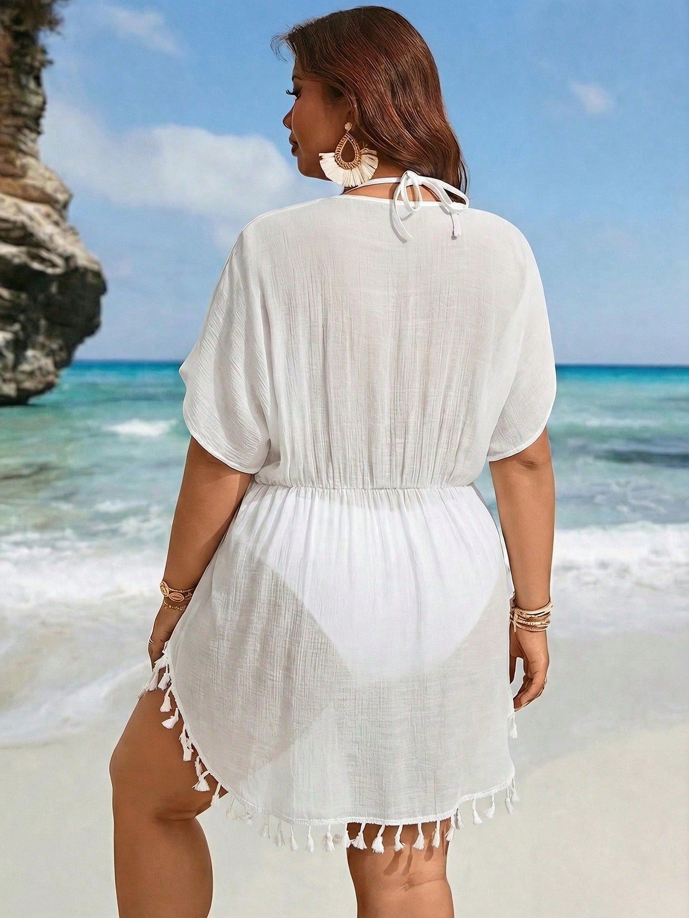 Swim Lushoire Plus Size Women Kimono Robe, Lightweight, Slit, Fringe Trim, Loose Fit, Tie Waist, Black, Mature, Vacation, Beach Wear