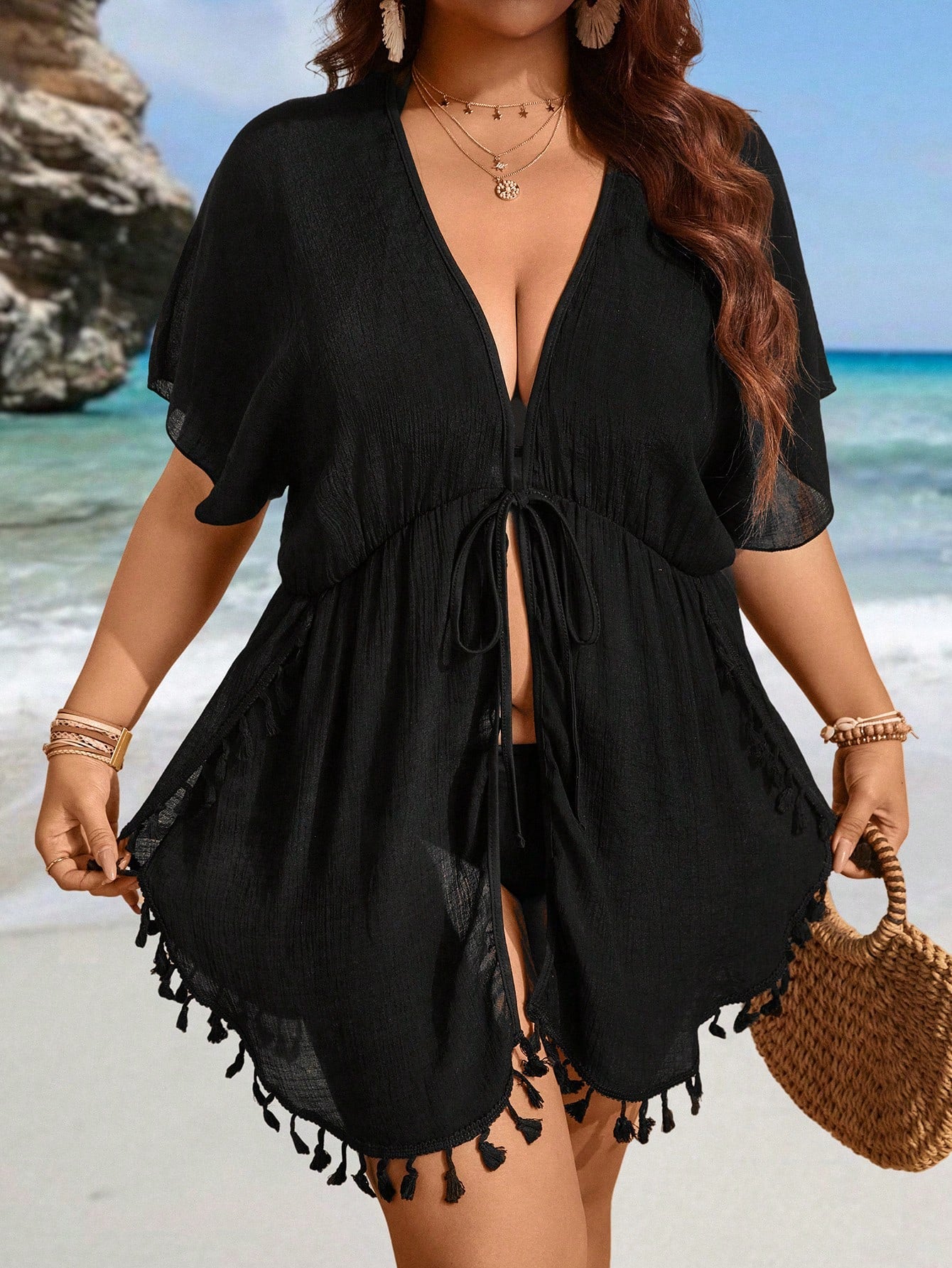 Swim Lushoire Plus Size Women Kimono Robe, Lightweight, Slit, Fringe Trim, Loose Fit, Tie Waist, Black, Mature, Vacation, Beach Wear