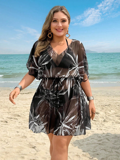 Swim Lushoire Plus Size Women Leaf Print V-Neck Self-Tie Waist Cover Up Dress Summer