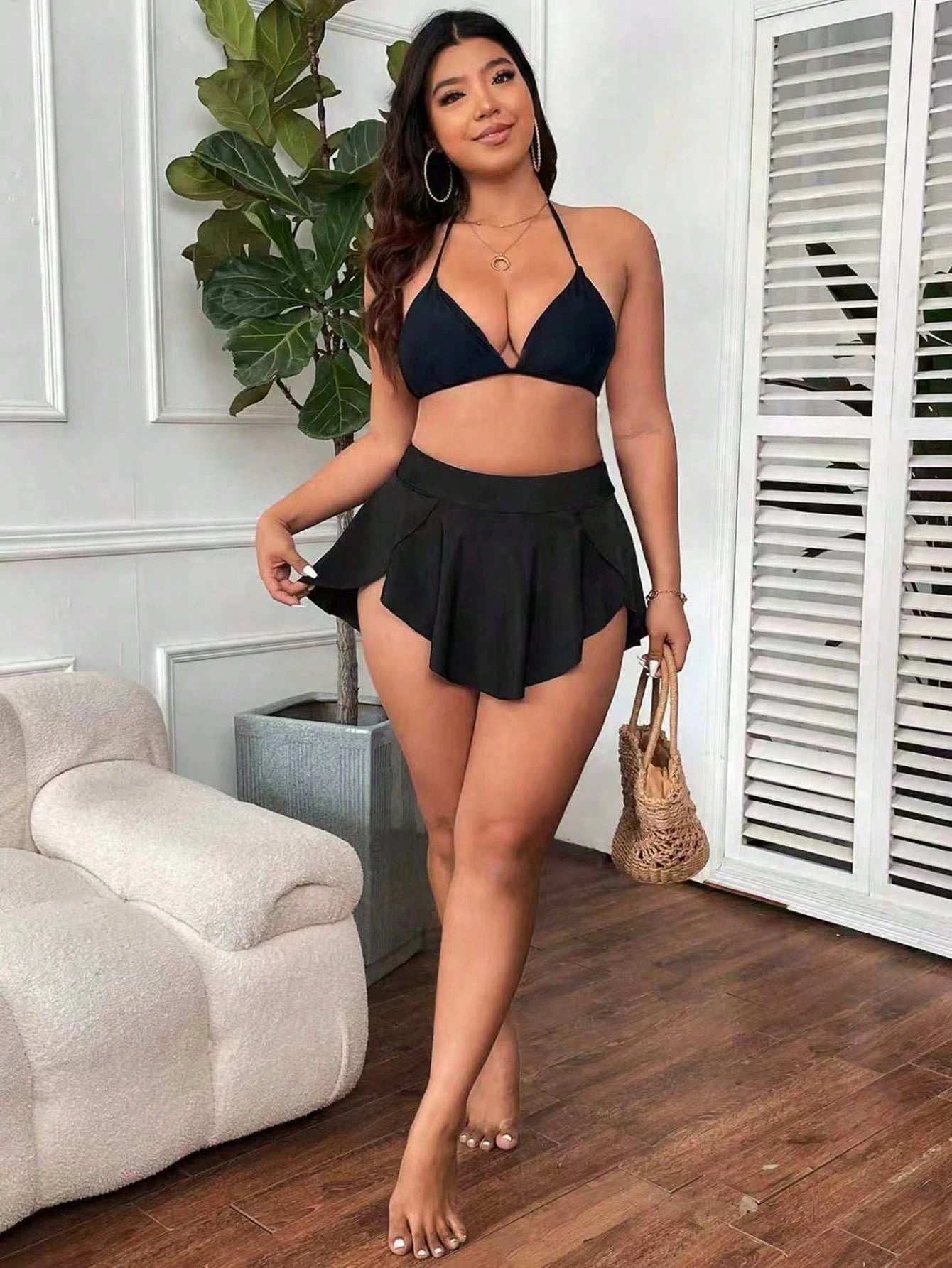 Swim Lushoire Plus Size Women's 2-Piece Leopard Print & Solid Color High Waist Asymmetric Hem Triangle Bikini Swimwear Bottom,Beige,Summer,Beach,Vacation,Holiday