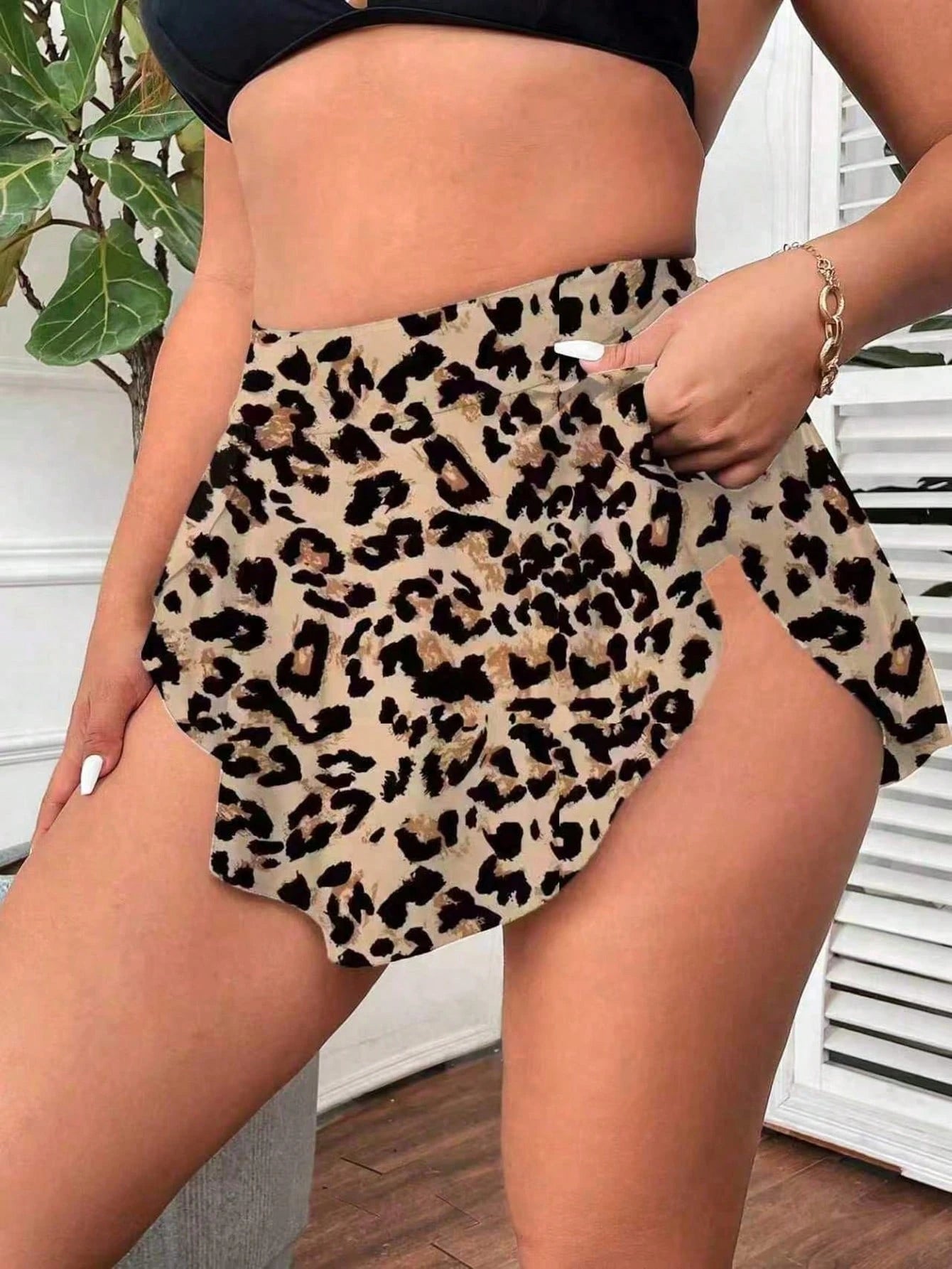 Swim Lushoire Plus Size Women's 2-Piece Leopard Print & Solid Color High Waist Asymmetric Hem Triangle Bikini Swimwear Bottom,Beige,Summer,Beach,Vacation,Holiday