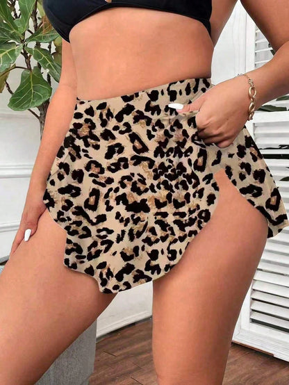 Swim Lushoire Plus Size Women's 2-Piece Leopard Print & Solid Color High Waist Asymmetric Hem Triangle Bikini Swimwear Bottom,Beige,Summer,Beach,Vacation,Holiday