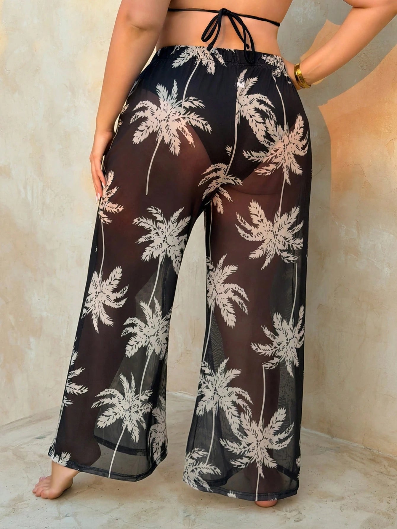 Swim Lushoire Plus Size Women's Black Coconut Tree Print Elegant Summer Boho Beach Holiday Swimsuit Cover Up Pants,Long Palm Tree Print Vacation Style Beach Pants