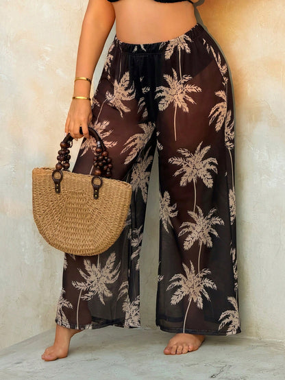 Swim Lushoire Plus Size Women's Black Coconut Tree Print Elegant Summer Boho Beach Holiday Swimsuit Cover Up Pants,Long Palm Tree Print Vacation Style Beach Pants