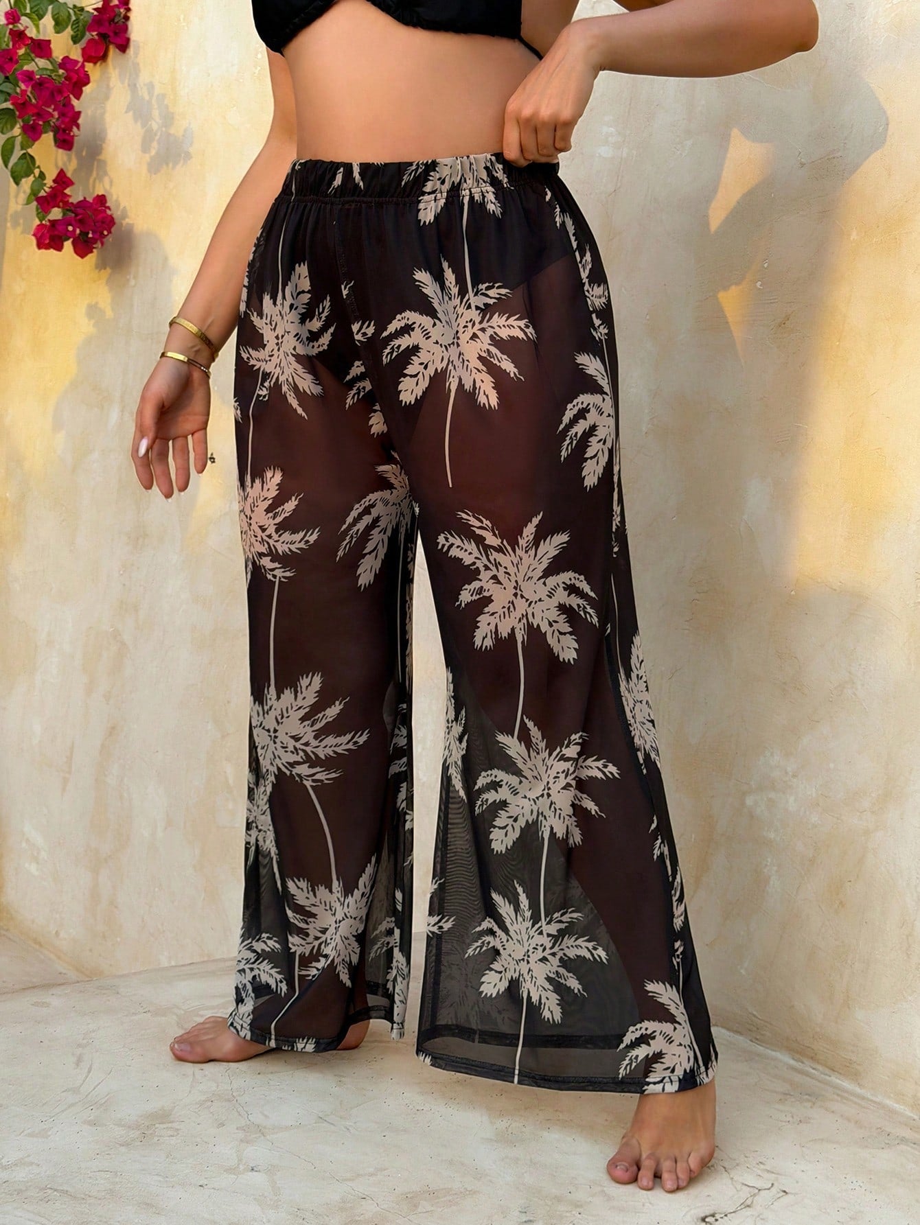 Swim Lushoire Plus Size Women's Black Coconut Tree Print Elegant Summer Boho Beach Holiday Swimsuit Cover Up Pants,Long Palm Tree Print Vacation Style Beach Pants