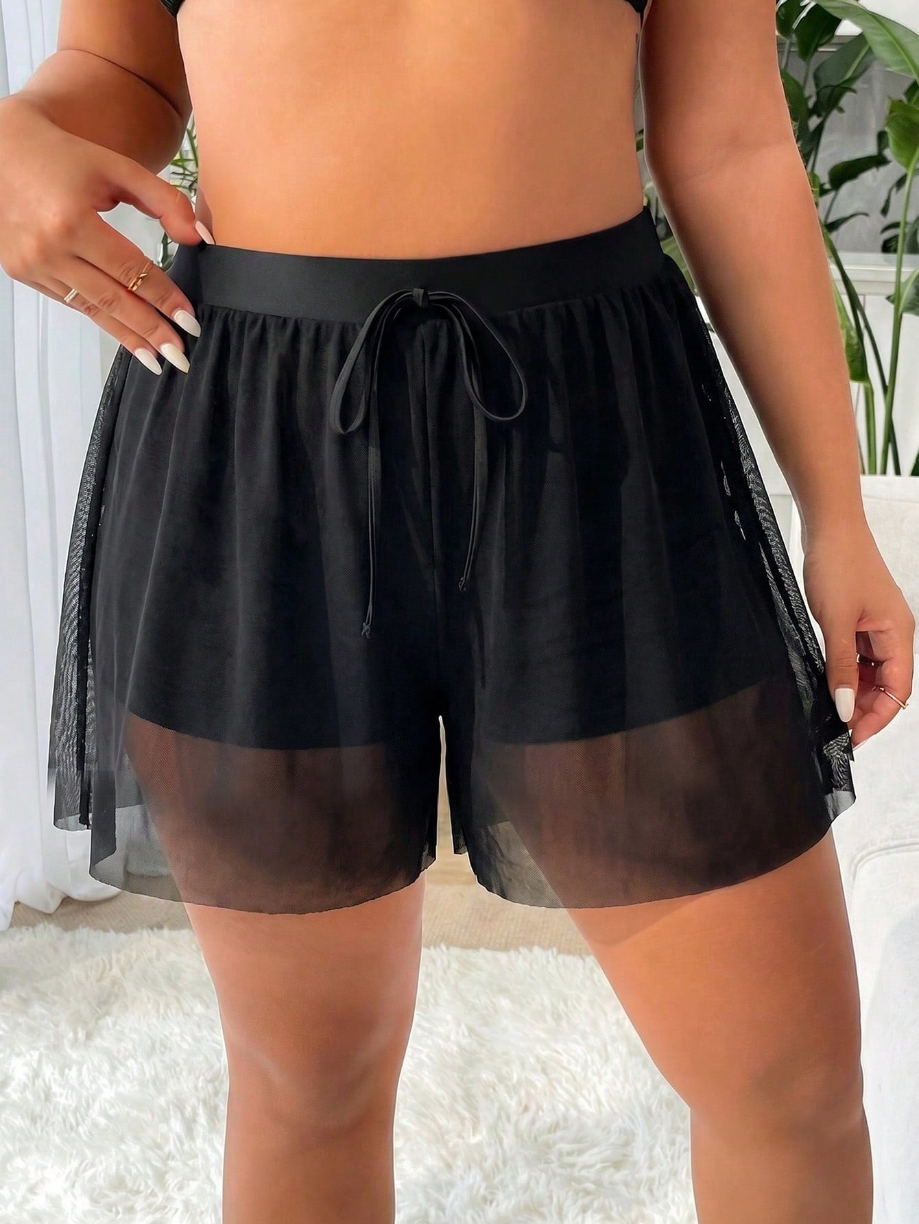 Swim Lushoire Plus Size Women's Black High Elasticity Special Fabric Casual Loose 2 In 1 Beach Vacation Pants Summer
