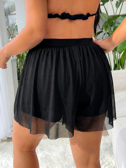 Swim Lushoire Plus Size Women's Black High Elasticity Special Fabric Casual Loose 2 In 1 Beach Vacation Pants Summer