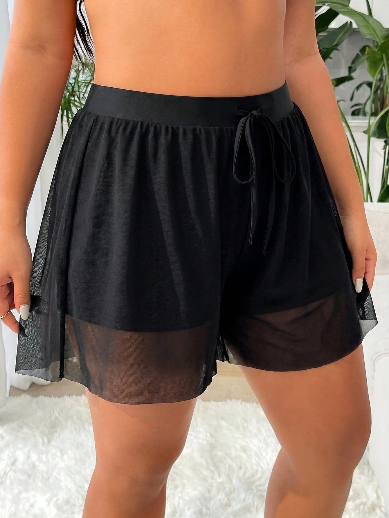 Swim Lushoire Plus Size Women's Black High Elasticity Special Fabric Casual Loose 2 In 1 Beach Vacation Pants Summer