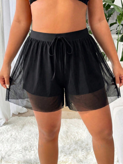 Swim Lushoire Plus Size Women's Black High Elasticity Special Fabric Casual Loose 2 In 1 Beach Vacation Pants Summer
