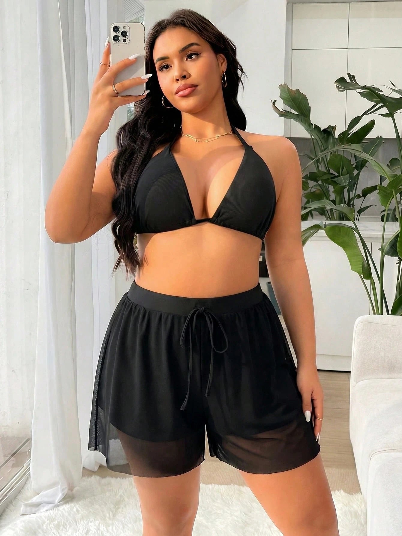 Swim Lushoire Plus Size Women's Black High Elasticity Special Fabric Casual Loose 2 In 1 Beach Vacation Pants Summer