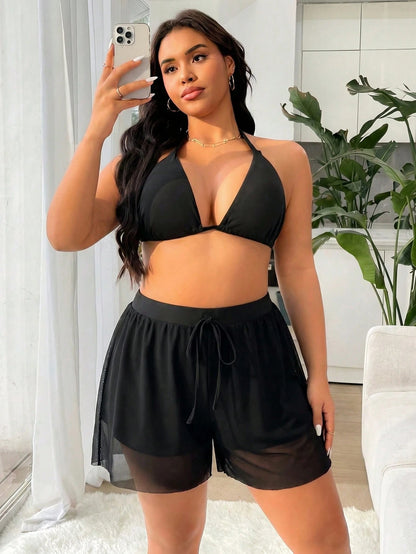 Swim Lushoire Plus Size Women's Black High Elasticity Special Fabric Casual Loose 2 In 1 Beach Vacation Pants Summer