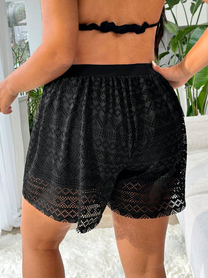 Swim Lushoire Plus Size Women's Black High Elasticity Special Fabric Casual Loose 2 In 1 Beach Vacation Pants Summer