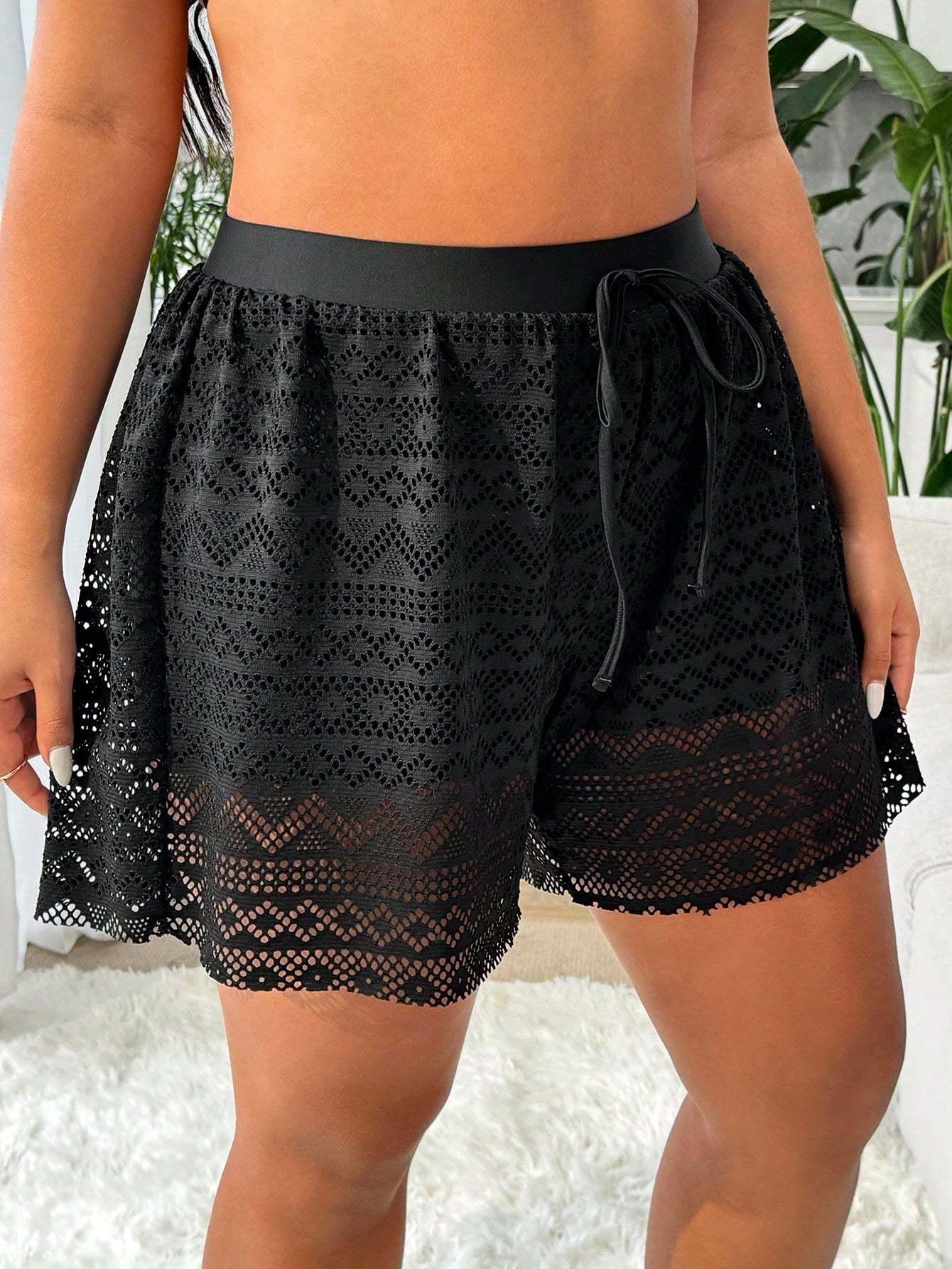 Swim Lushoire Plus Size Women's Black High Elasticity Special Fabric Casual Loose 2 In 1 Beach Vacation Pants Summer