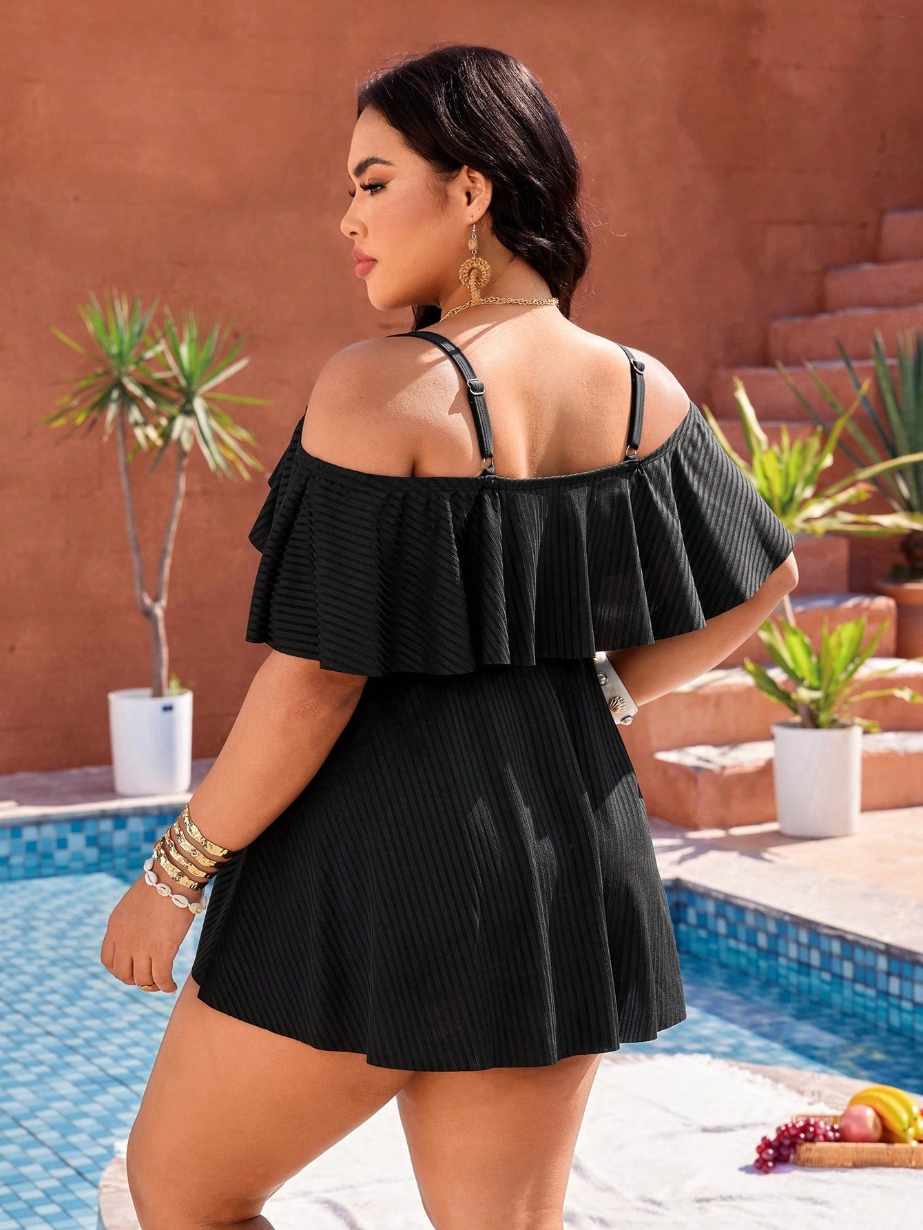 Swim Lushoire Plus Size Women's Black Spaghetti Strap Off Shoulder Beach Vacation Bikini Set, Spring/Summer