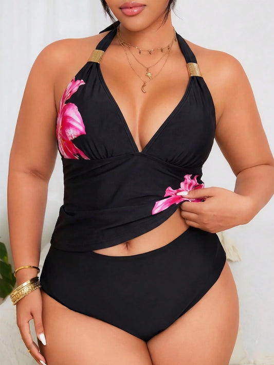 Swim Lushoire Plus Size Women's Leopard Print Halter Neck Backless Sexy Bikini Set, Two Pieces Swimwear