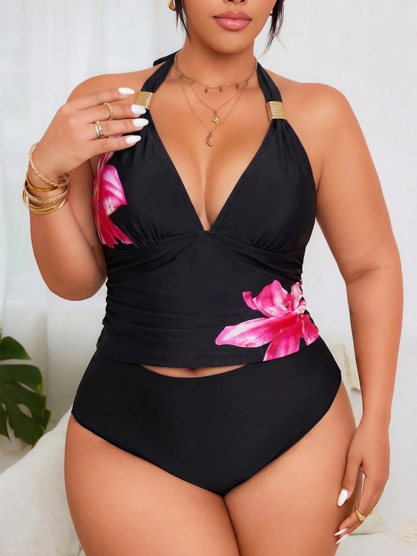 Swim Lushoire Plus Size Women's Leopard Print Halter Neck Backless Sexy Bikini Set, Two Pieces Swimwear