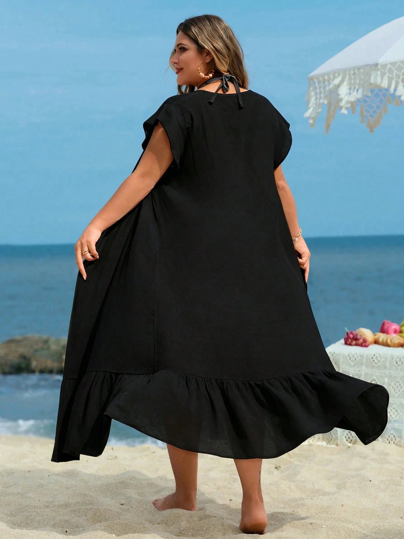 Swim Lushoire Plus Size Women's Long Kimono Cardigan With Waist Tie, Sexy Casual Vacation Beach Cover-Up