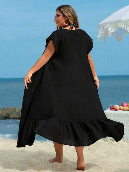 Swim Lushoire Plus Size Women's Long Kimono Cardigan With Waist Tie, Sexy Casual Vacation Beach Cover-Up