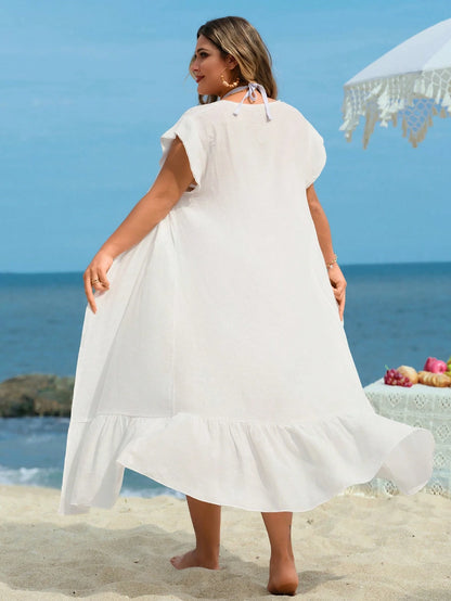 Swim Lushoire Plus Size Women's Long Kimono Cardigan With Waist Tie, Sexy Casual Vacation Beach Cover-Up