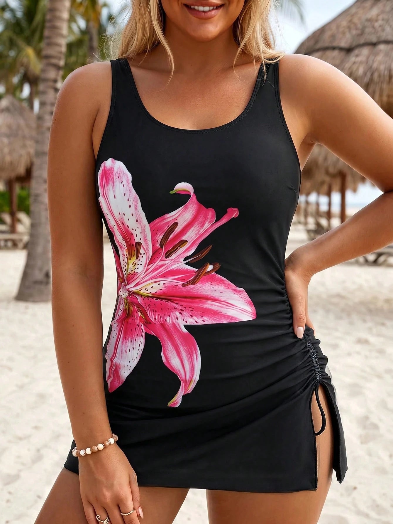 Swim Lushoire Plus Size Women's Printed Swimdress & High Waist Swimshorts 2 Pieces Set, Beach & Pool Vacation