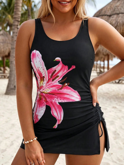 Swim Lushoire Plus Size Women's Printed Swimdress & High Waist Swimshorts 2 Pieces Set, Beach & Pool Vacation