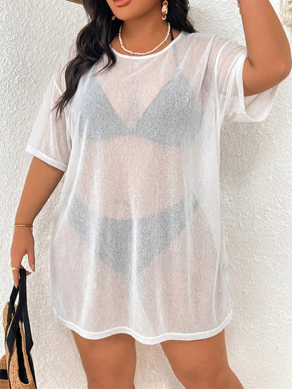 Swim Lushoire Plus Size Women's Solid Color Round Neck Short Sleeve Loose Cover-Up Dress