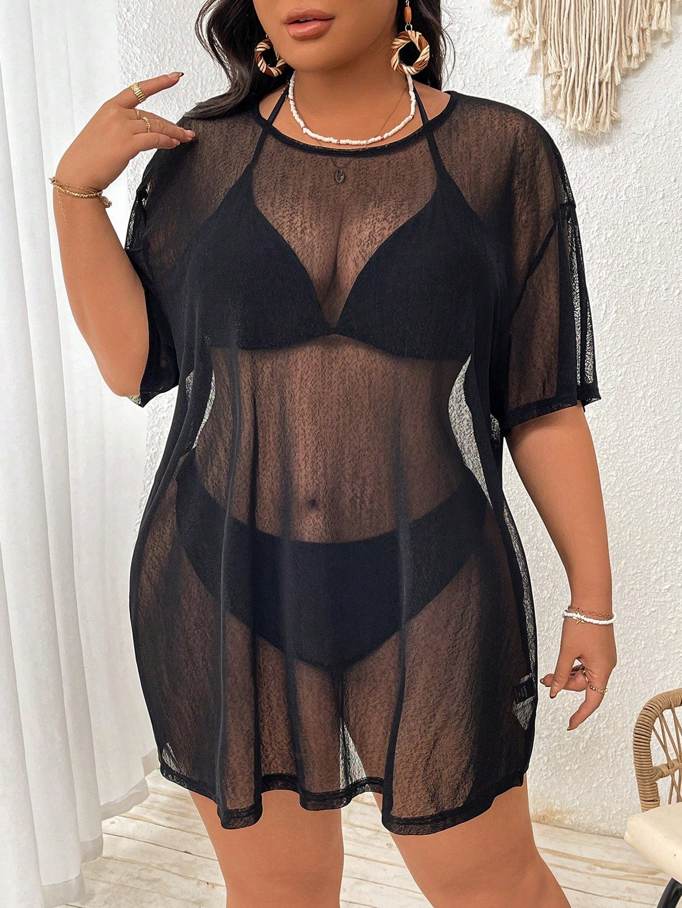 Swim Lushoire Plus Size Women's Solid Color Round Neck Short Sleeve Loose Cover-Up Dress