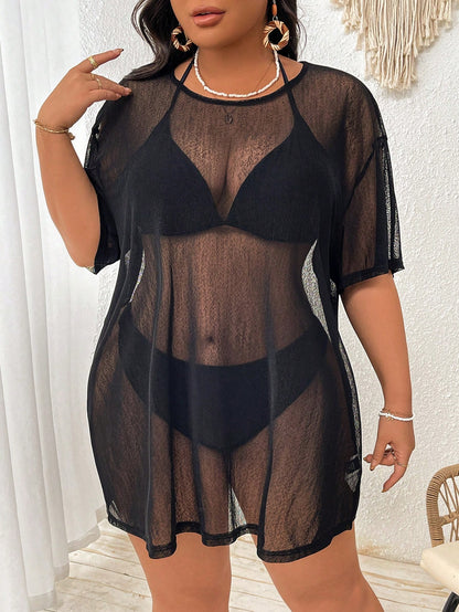 Swim Lushoire Plus Size Women's Solid Color Round Neck Short Sleeve Loose Cover-Up Dress