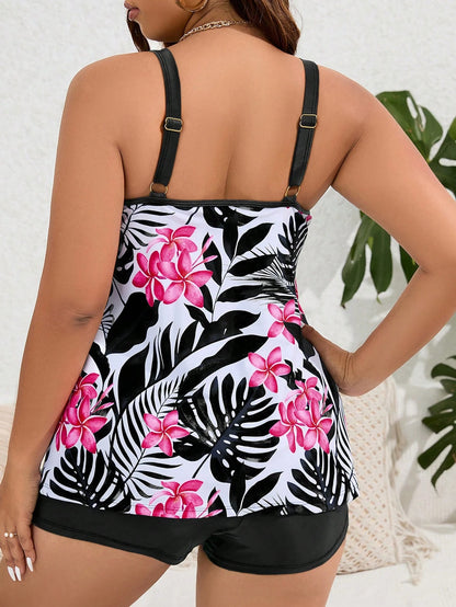 Swim Lushoire Plus Size Women's Summer Beach Butterfly Print Casual Camisole Swim Dress With Swim Shorts