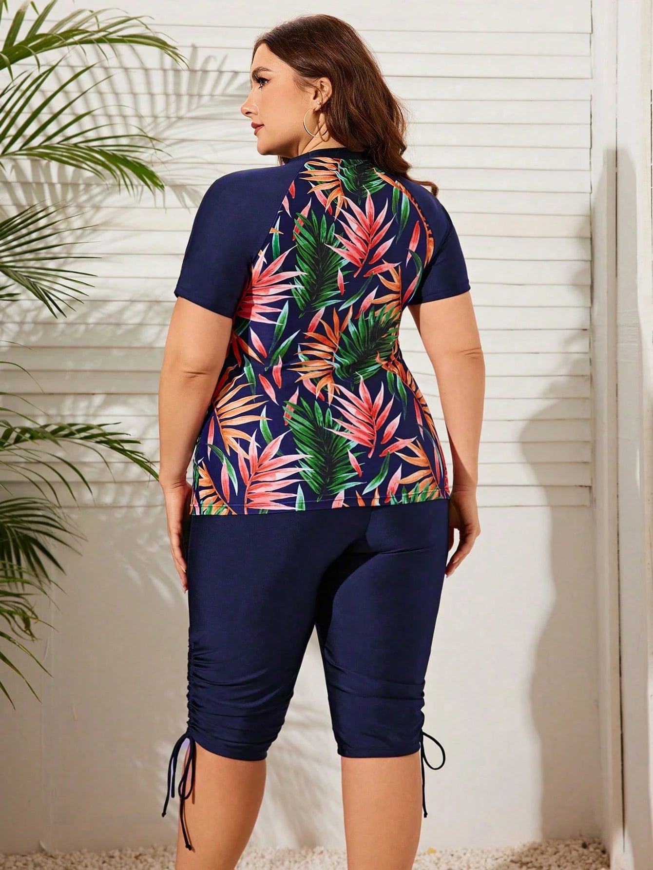 Swim Lushoire Plus Size Women's Summer Beach Contrast Tropical Plant Print Rashguard Set