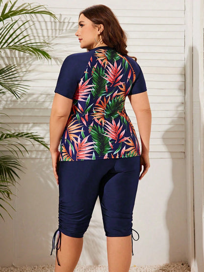 Swim Lushoire Plus Size Women's Summer Beach Contrast Tropical Plant Print Rashguard Set