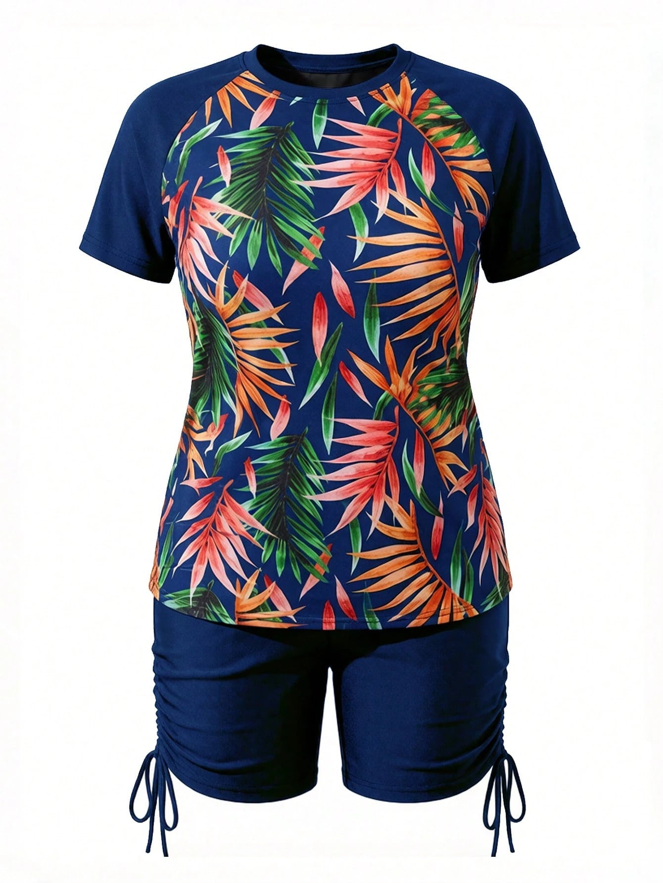 Swim Lushoire Plus Size Women's Summer Beach Contrast Tropical Plant Print Rashguard Set