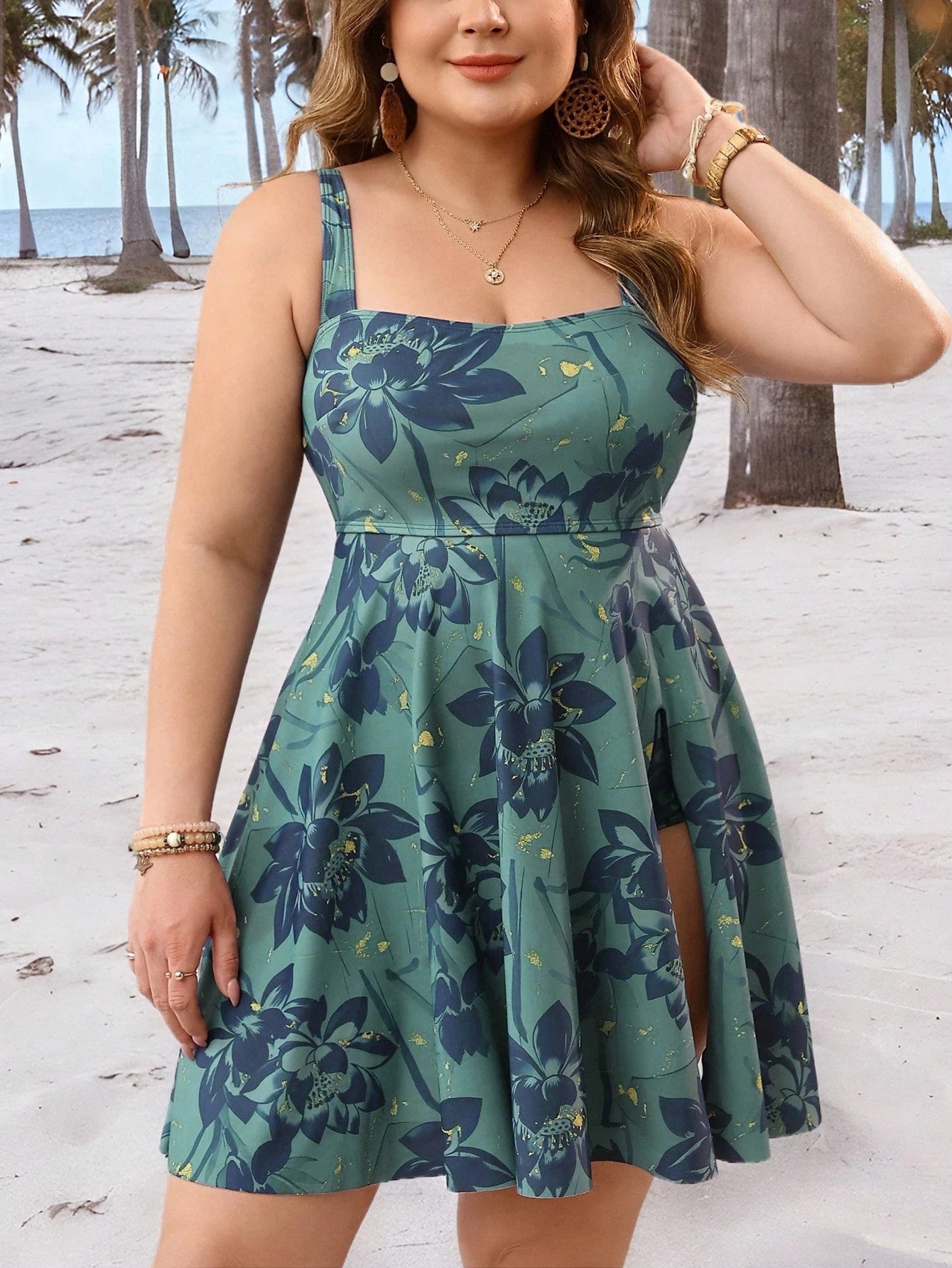 Swim Lushoire Plus Size Women's Summer Beach Vacation Lotus Flower Print Split Hem Tankini Swimwear