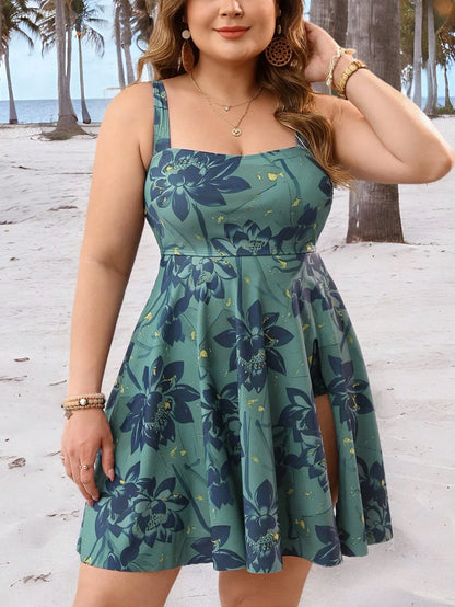Swim Lushoire Plus Size Women's Summer Beach Vacation Lotus Flower Print Split Hem Tankini Swimwear