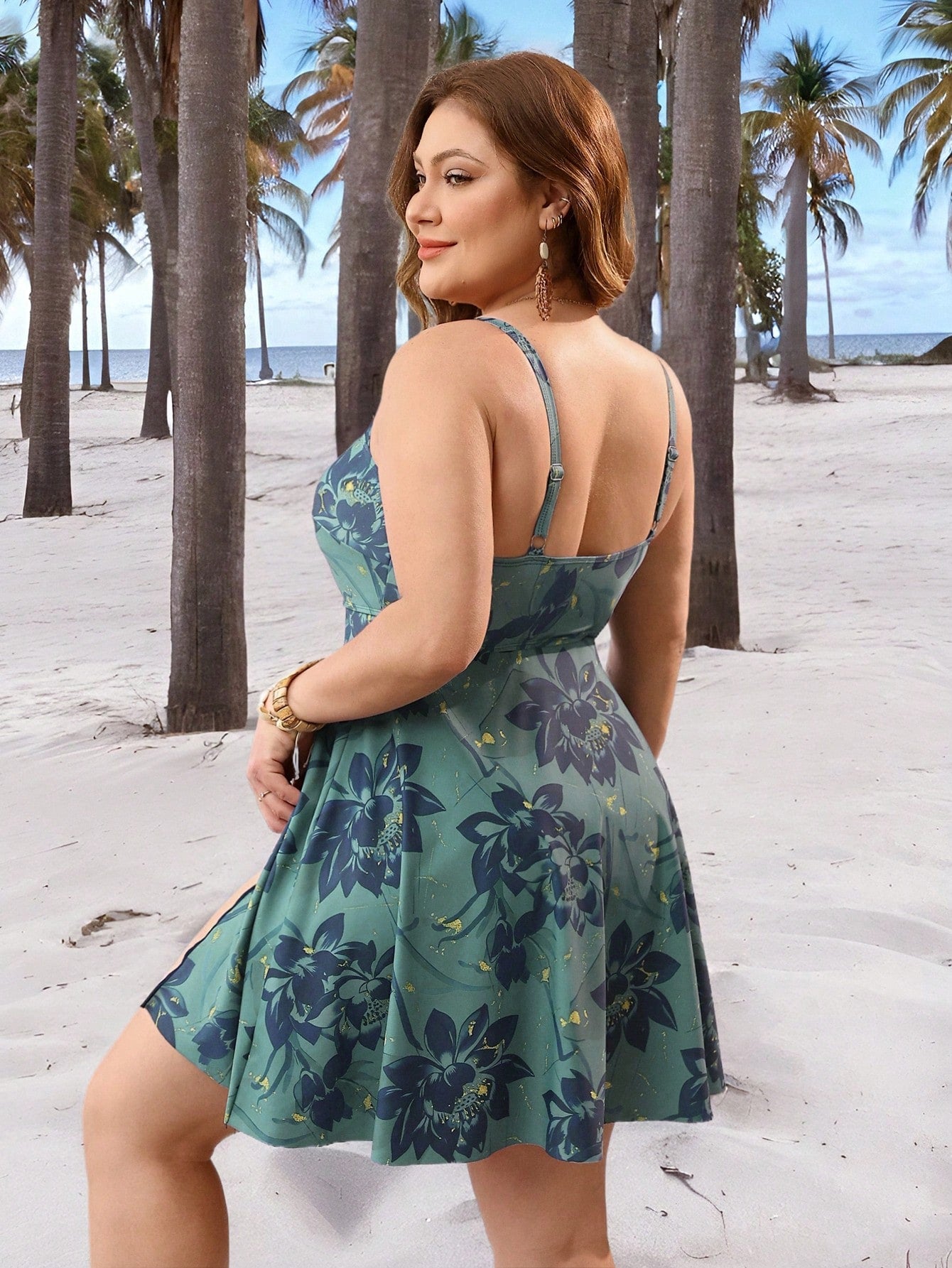 Swim Lushoire Plus Size Women's Summer Beach Vacation Lotus Flower Print Split Hem Tankini Swimwear