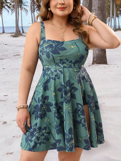 Swim Lushoire Plus Size Women's Summer Beach Vacation Lotus Flower Print Split Hem Tankini Swimwear